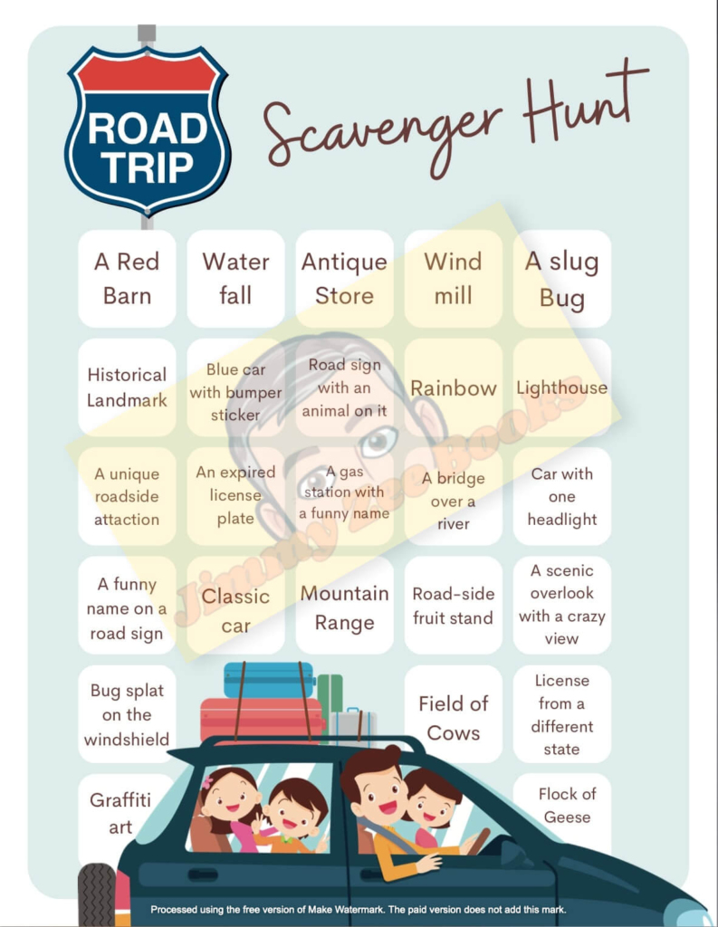 Road Trip Scavenger Hunt poster for kids